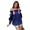 One-line Shoulder Striped Bow Shirt Women's Spring Loose Ruffled Top