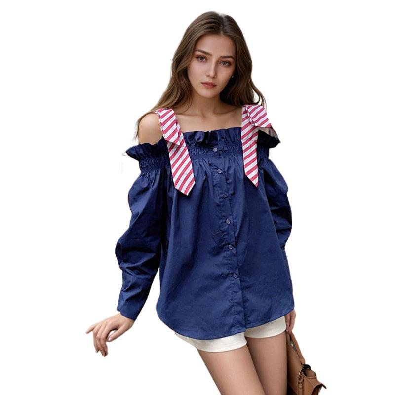 One-line Shoulder Striped Bow Shirt Women's Spring Loose Ruffled Top
