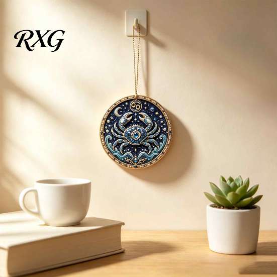 Acrylic Constellation Pendants 2D Flat Pearl Painting Ornament, Double Sided Zodiac Theme Hanging Gem Home Ornament Art Craft, Rhinestone Beads