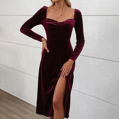 Women Spring Autumn Long Sleeve Square Collar Solid Color Velvet Split Evening One Piece Dress