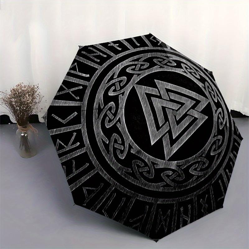 Valknut, Norse Automatic folding umbrella  simple eight rib design, bright color pattern, durable iron frame, ideal for travel and outdoor,