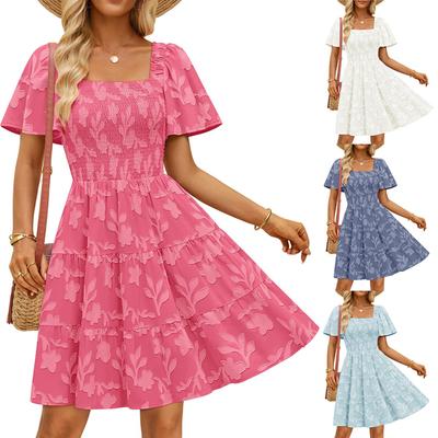 Women's Fashionable Color Square Neck Short Sleeved Casual Loose Dress