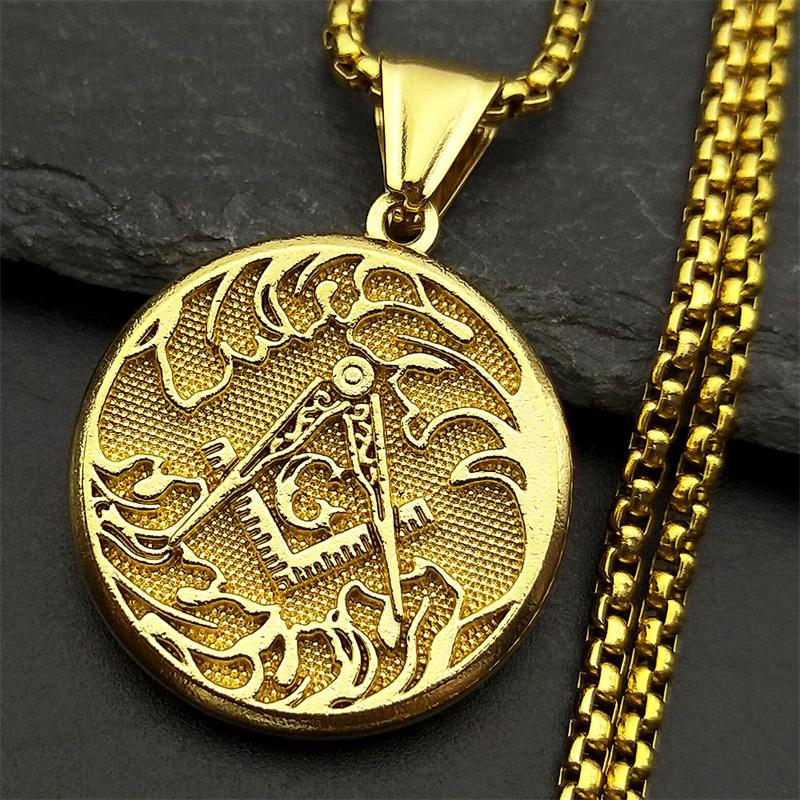 

Mason Badge Freemasonry Symbol Round Medal Pendant Necklace for Women Men Stainless Steel Gold Color Mysterious Amulet Jewelry 60CM