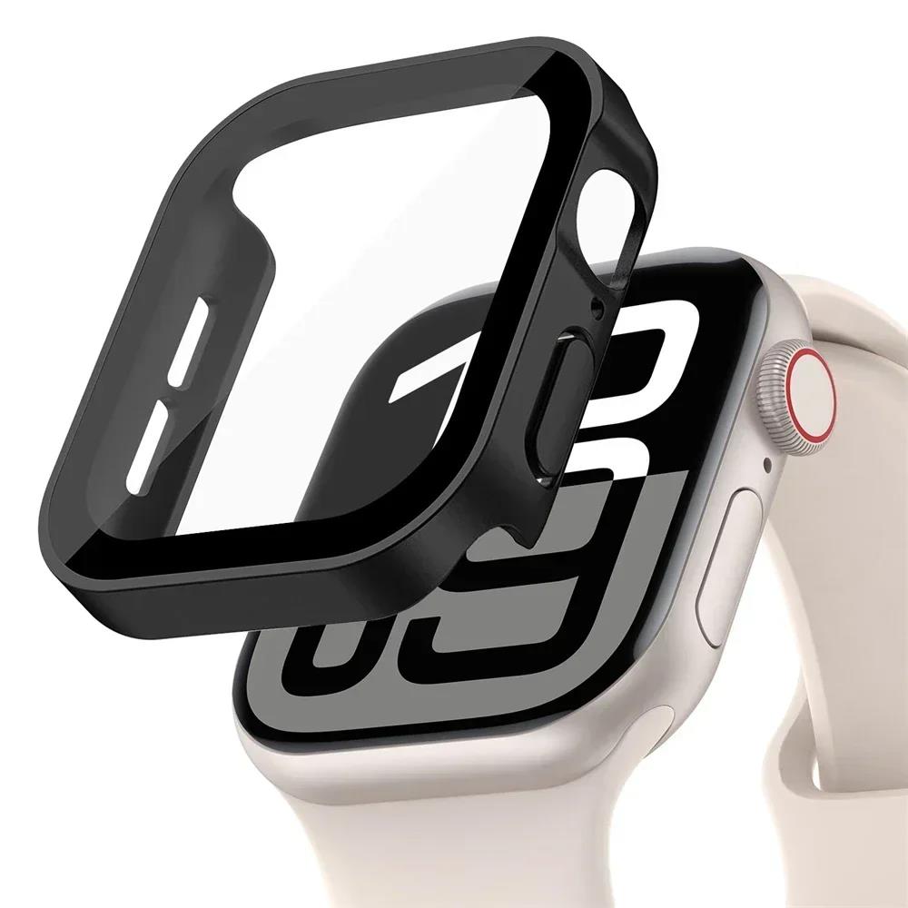 Glass+Case For Apple Watch 42mm 46mm 45mm 41mm 44mm 40mm Straight Edge Screen Protector Cover Case iWatch SE 3 6 7 8 9 10 11 7