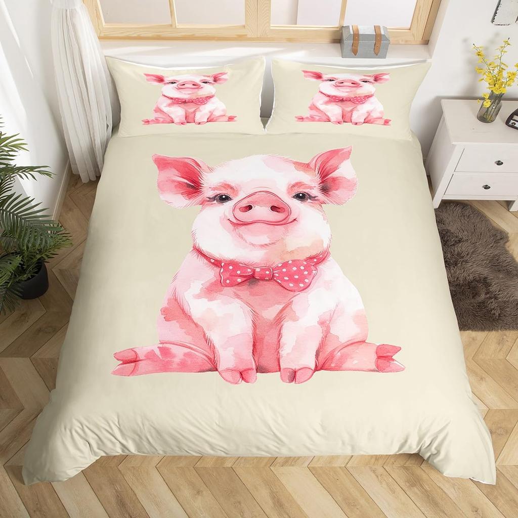 Rozā cūciņas gultas veļas komplekts King Queen Guļošas cūciņas segas pārvalks bērniem, zēniem, meitenēm, Kawaii dzīvnieku segas pārvalks ar 2 spilvendrānām