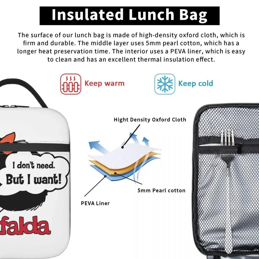 Mafalda I Don't Need But I Want Insulated Lunch Bag Portable Quino Comic Cartoon Thermal Cooler Lunch Tote Office Picnic Travel