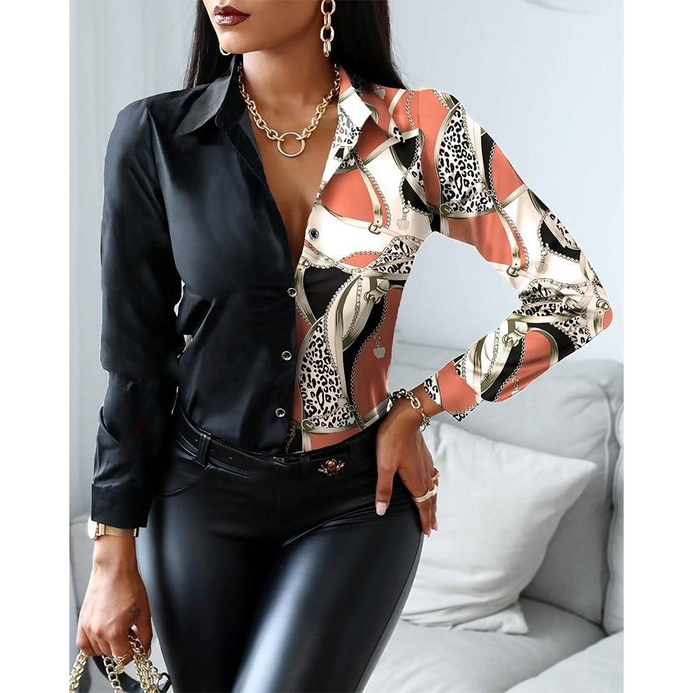 Women Fashion Shirt Vintage Autumn Shirt Print Blouse Casual V-neck Long Sleeve Shirt  Blouse