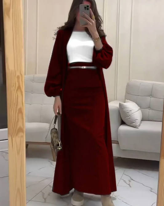 Women's Olive Green Lantern Sleeve Long Coat with High Waist Tie Belt Skirt Set