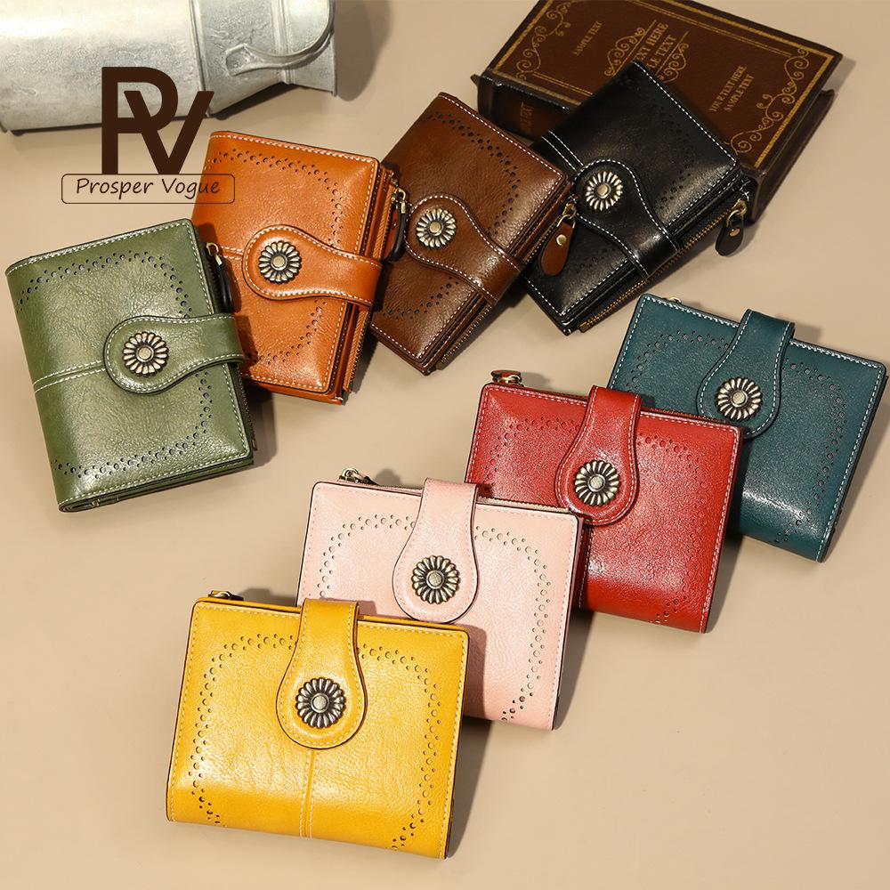 Portafoglio da Donna RFID Anti-Magnetico - Corto in Pelle Retro Olio Cera Europea & Americana, Portamonete Multi-Scomparti per Carte.