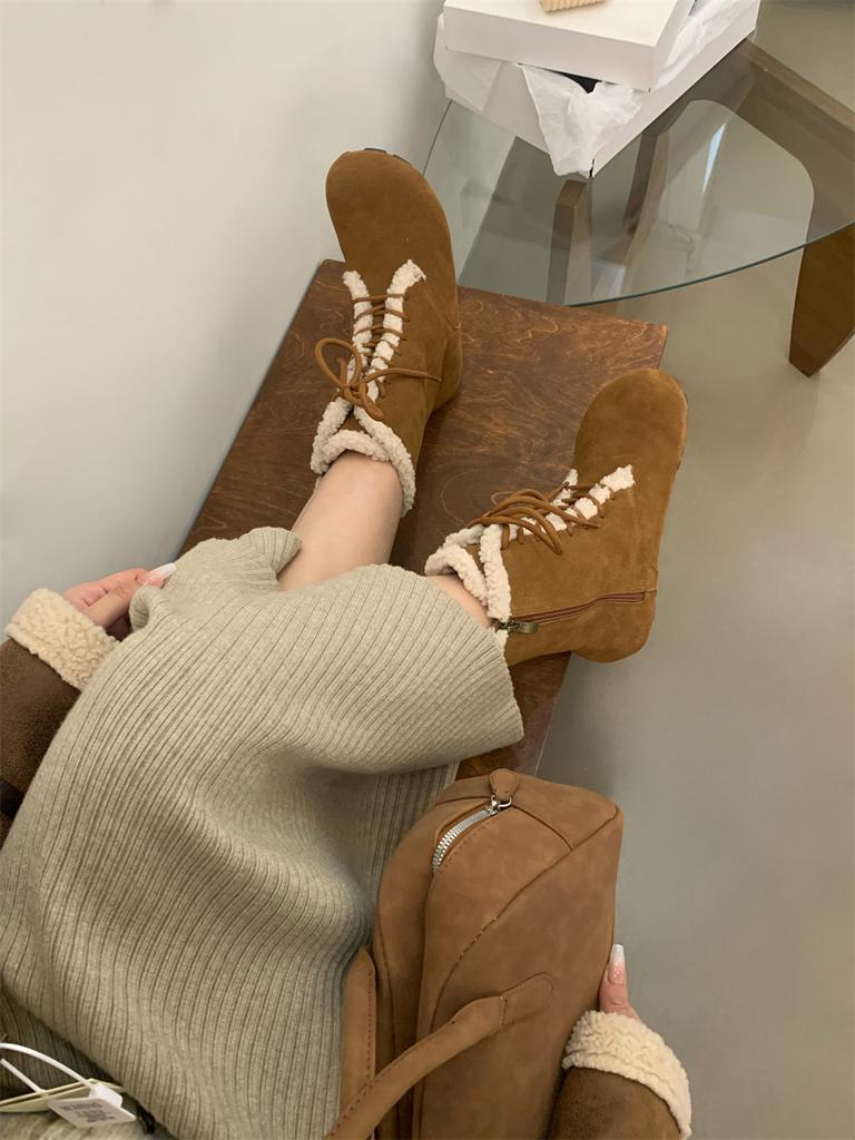 2025 Autumn and Winter New Round Head Velvet Lamb Wool Low Tube Thin Martin Snow Shoes Warm Women's Short Boots