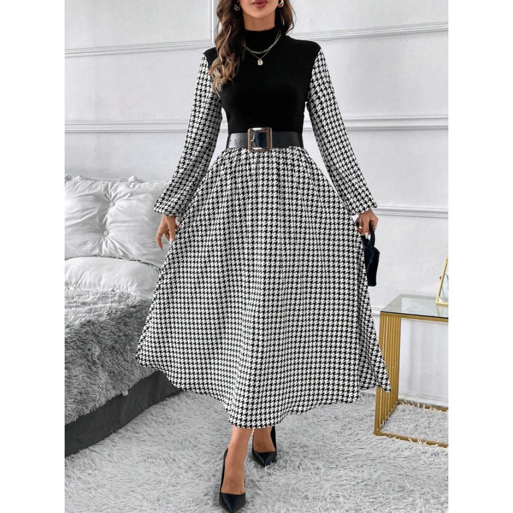 Autumn Winter Lantern Sleeve A-line Women's Dress Vintage Houndstooth Patchwork Maxi Dresses Mock Neck Black Party Dress Female