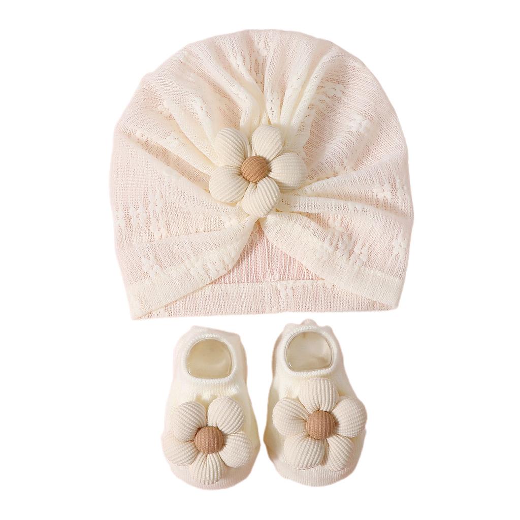 Pudcoco Baby Mädchen Turbanhut und Socken Atmungsaktiv Neugeboren Blumen Kopfwickel Mütze für Säugling Kleinkind Pography Requisiten