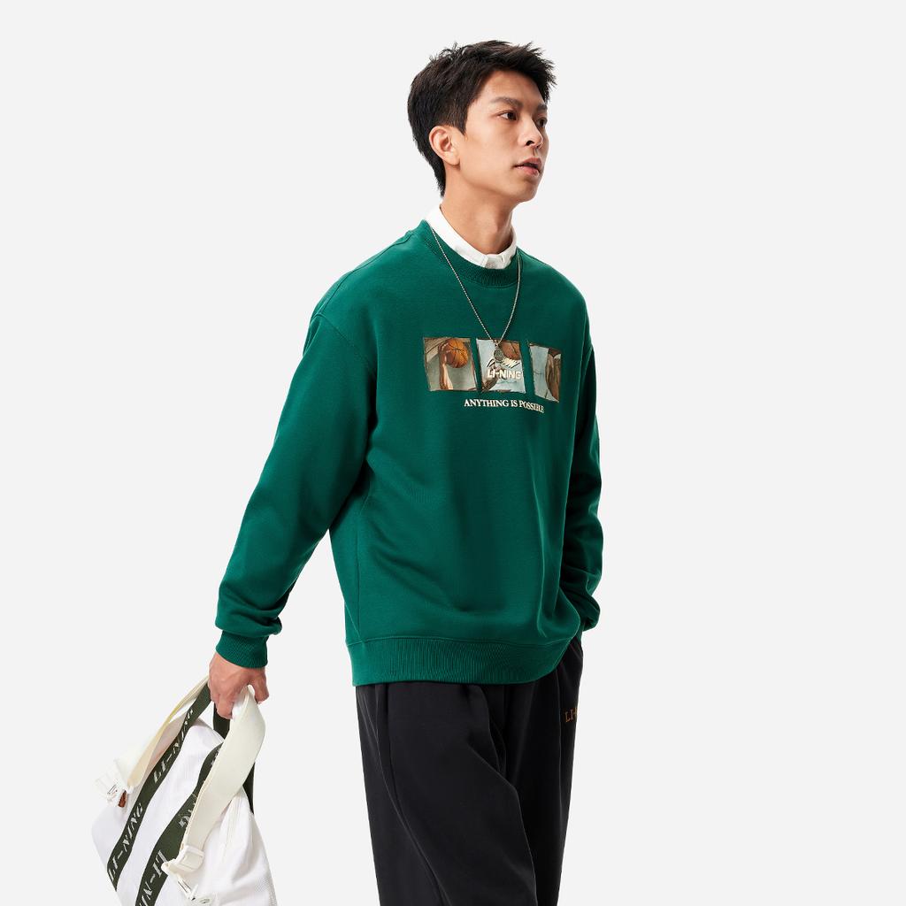 Li Ning Sports Lifestyle Series Round Neck Printed Letter Warm Fleece Pullover Sweatshirt Unisex Sweatshirt Lush-Green AWDUC91-3