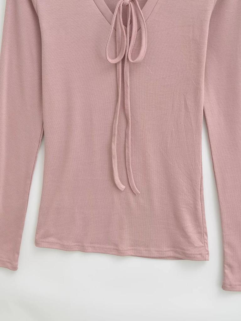 Women's Deep V-Neck Lace-Up Long Sleeve Slim Fit Autumn Top