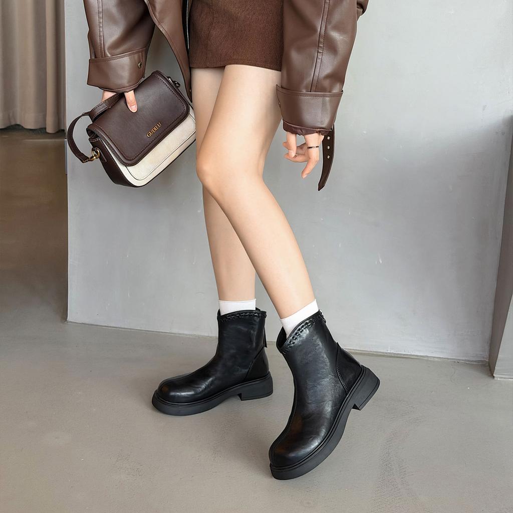 Leather Martin Boots Women's Autumn and Winter Fleece Thick-soled Casual Short Boots Fashion Versatile Warm Skinny Boots Women