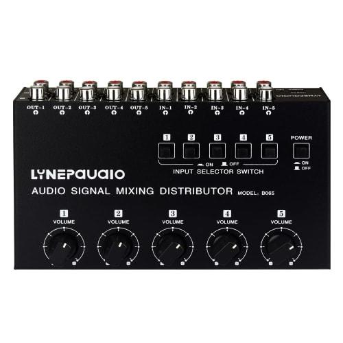 5-in-5-out Mini Audio Mixer, Compact Stereo Distributor with RCA Interface, Independent Volume Control, Independent Input Switch, No Wear, 15dB Signal