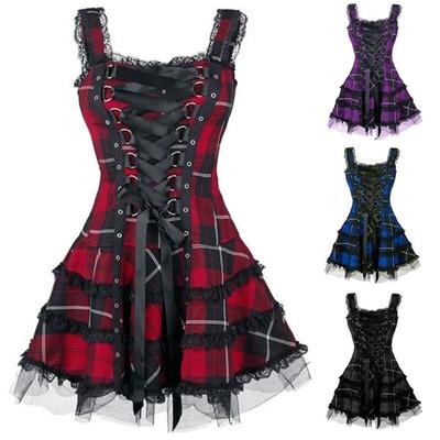Damen-Kleid mit klassischer Rüschenspitze, ärmellos, kariert, Vintage-Gothic-Minikleid, Ballkleid, Cosplay-Kostüm, Übergröße