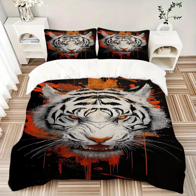 3PCs White Tiger Print Design Cover Set, Breathable Fabric, Machine Washable (1 Duvet Cover + 2 Pillowcases) (Without Quilt) yy250911080