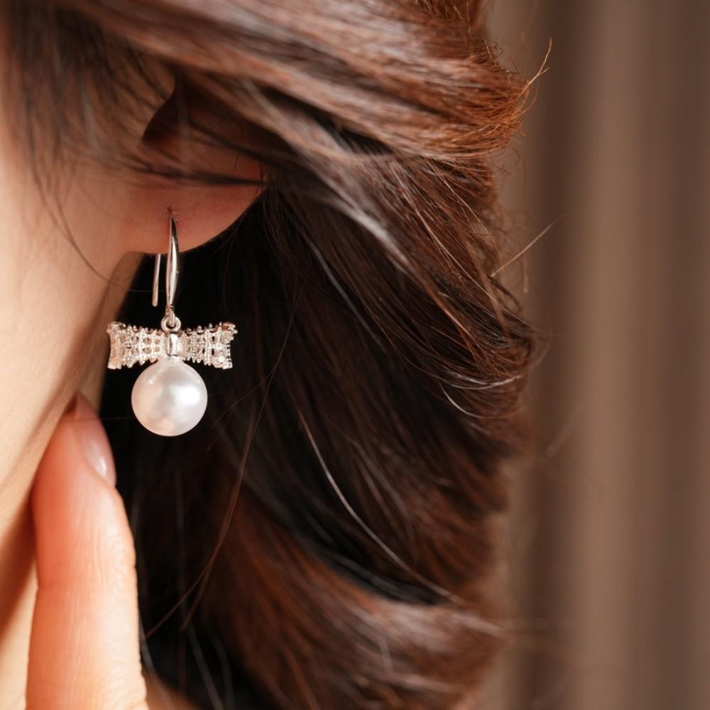 Simulation Freshwater Pearl Bow Pearl Long Earrings Shell Beads Ear Hook Drop Earrings  Girls Gift