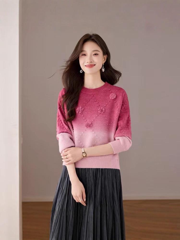 2025 Women's 3D Gradient Wool Sweater, Autumn/Winter, Long-Sleeve, Loose Fit