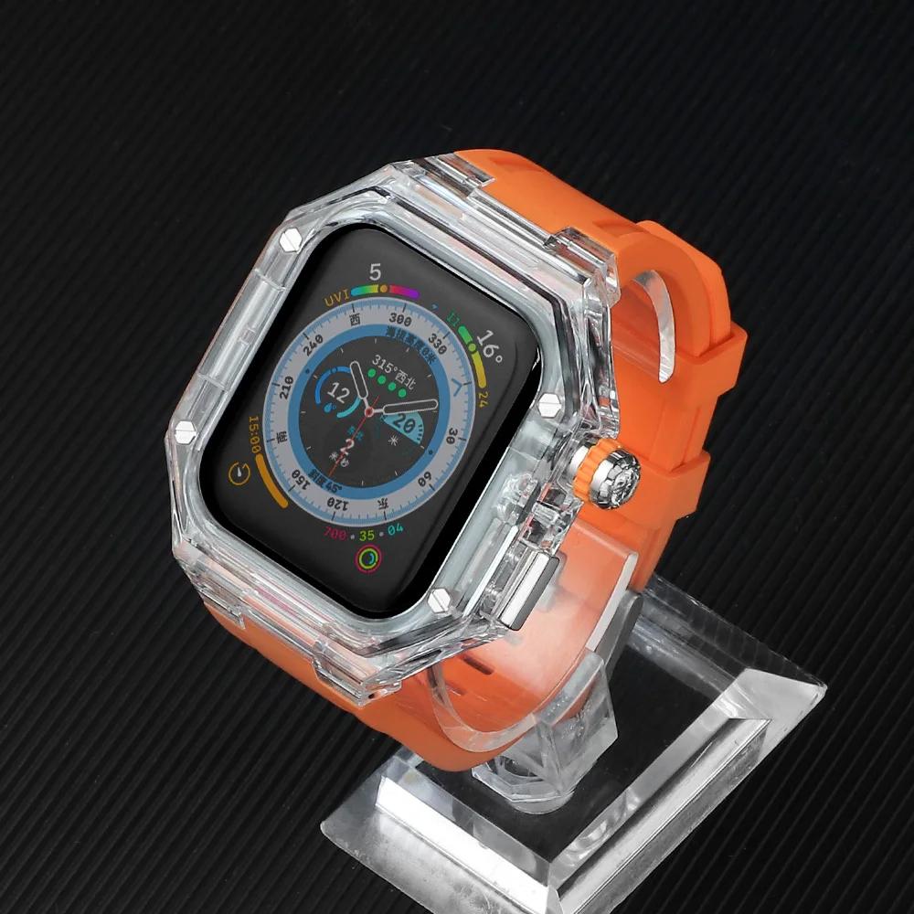 Silicone Strap+ Transparent Case for Apple Watch ultra2 49mm 44mm 45mm Sport Band Bezel for iwatch series 9 8 7 SE 6 5 4 Mod Kit