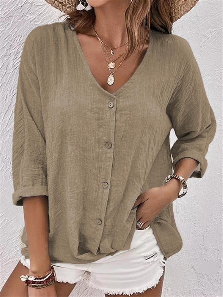Women's V Neck Three Quarter Sleeve Blouse Loose Fit Casual Shirt Solid Color Button Down Tunic Top