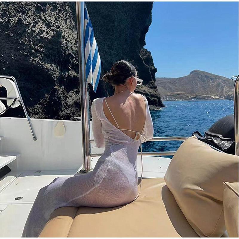 Beach Cover Sunscreen Long Sleeve See Though Women Dress Summer Backless Lady Vacation Robe