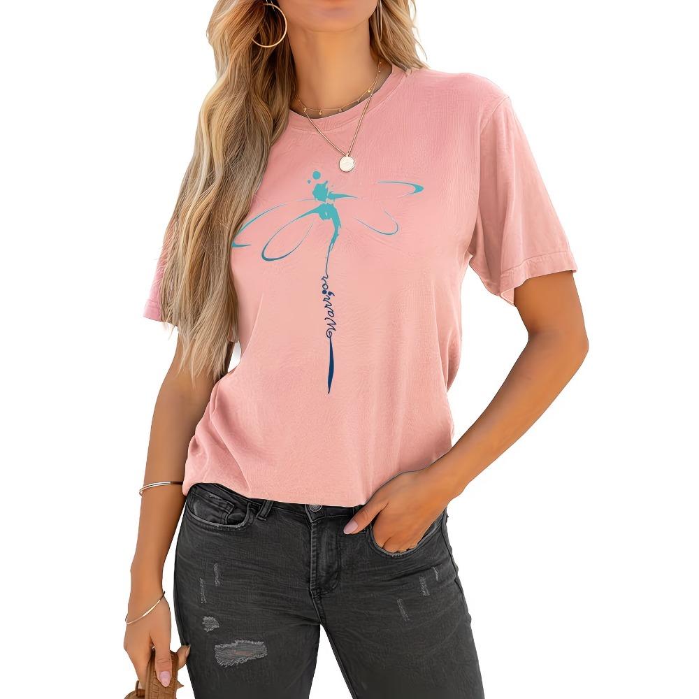 Crew Neck Short Sleeve Watercolor Style Dragonfly Print T Shirt Women's Outfits Daily Wear Lady Soft Sportswear Basic Top