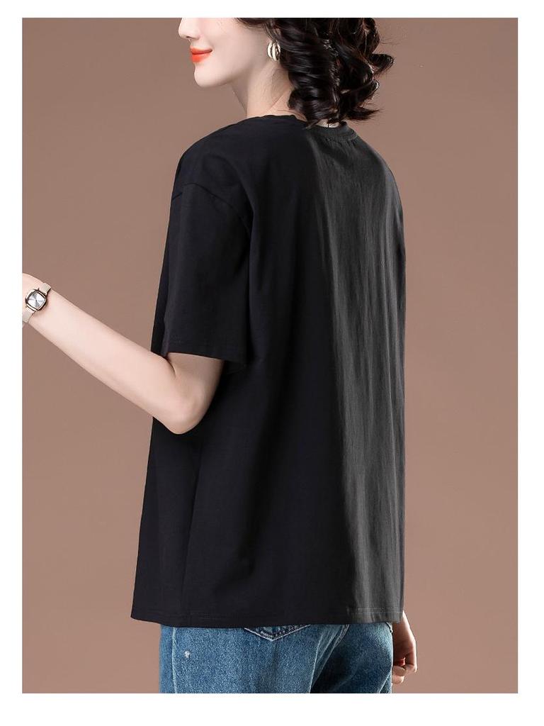 Damski letni bawełniany T-shirt z haftem, o luźnym kroju, plus size, z krótkim rękawem, styl 6313