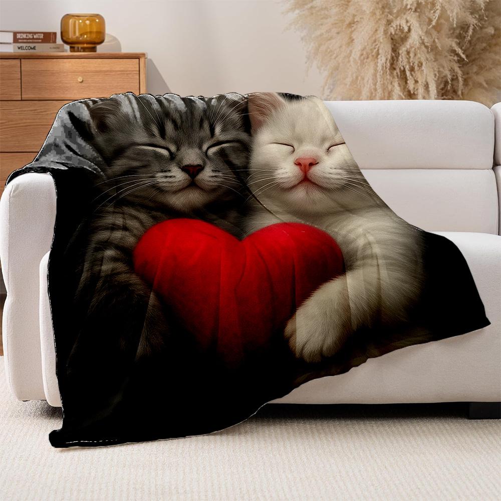 1pc Cozy Grey & White Kitten Plush Fleece Blanket - Grey Tabby & Cat with Heart Print, Soft Quilted-like Bedspread for Couch