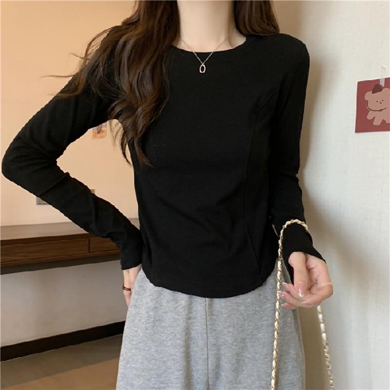 Women's Slim Fit Long Sleeve Herringbone T-Shirt - Round Neck, White, for Spring, Autumn, and Winter.