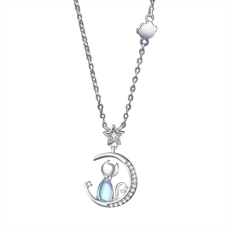 Women Light Luxury Star Moon Cat Moonstone Pendant Clavicle Necklace