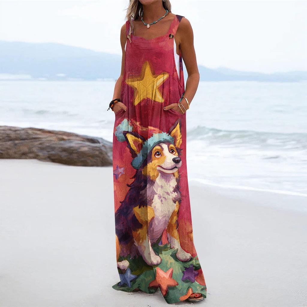 Women's Christmas Print Solid Wide Leg Strapless Tank Pocket Casual Onesie