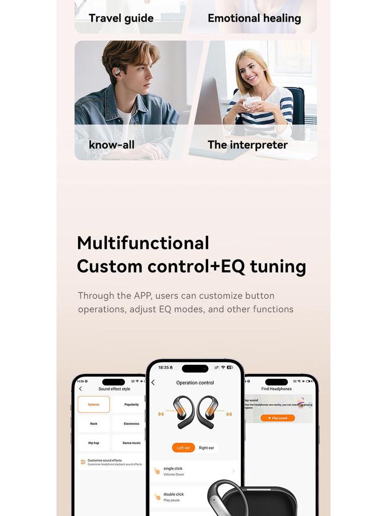 2025 AI Translation Wireless Bluetooth Earbuds with Ear-Hook, Noise Reduction, Long Battery Life, Comfortable for Extended Wear