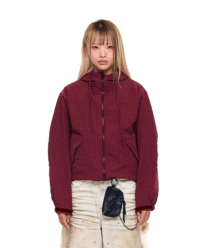 Aakam Check Pattern Hooded Jacket (Burgundy)