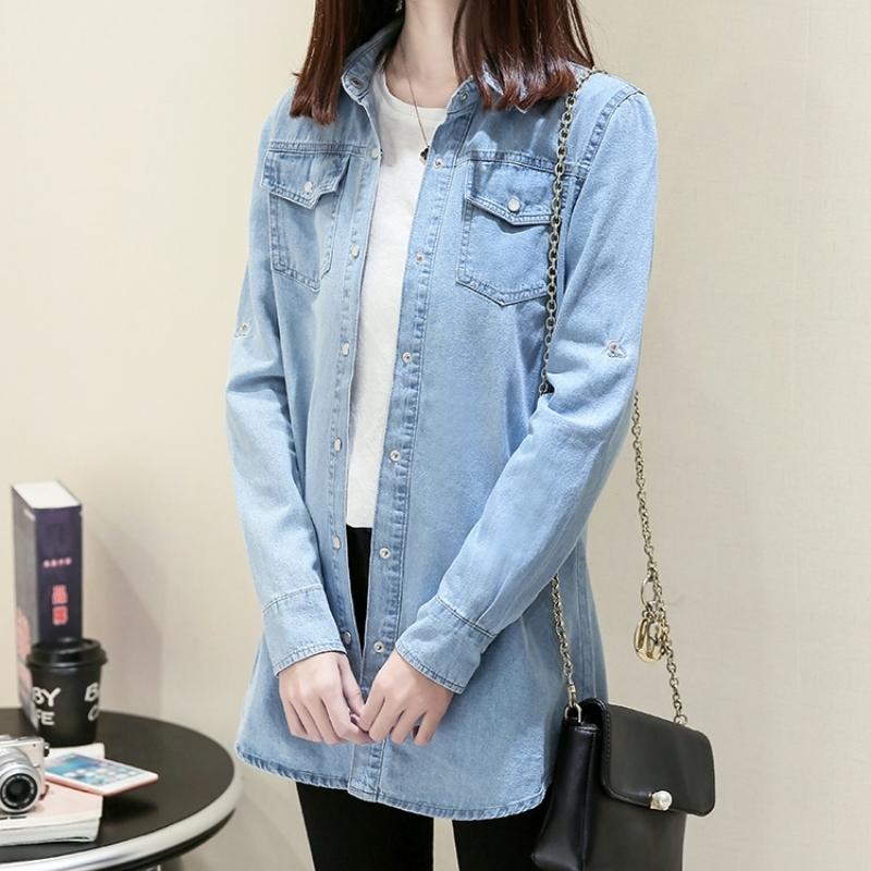 Loose Women'S Denim Shirt Long Sleeve Mid-Length Spring Autumn Fashion Thin Outerwear Versatile Top Button-Up Casual Shirt