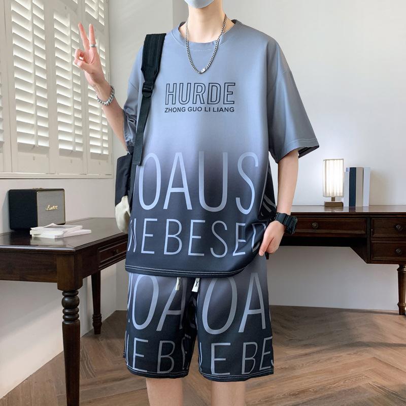 Men's Casual Loose Ice Silk Round Neck Short-sleeved T-shirt Shorts Two-piece Set