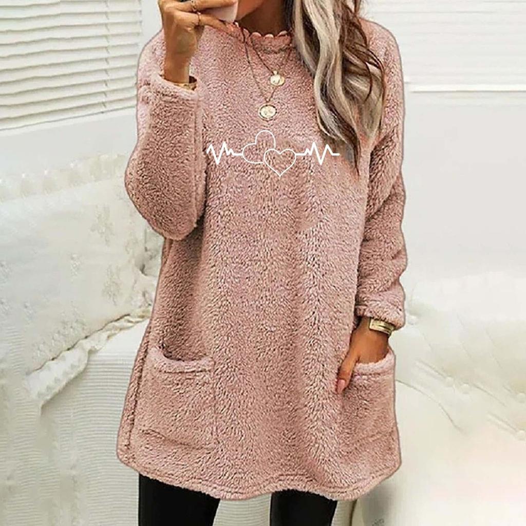 Winter Women's New Love Print Round Neck Loose Long Sleeve Pocket Plush Sweater For Women
