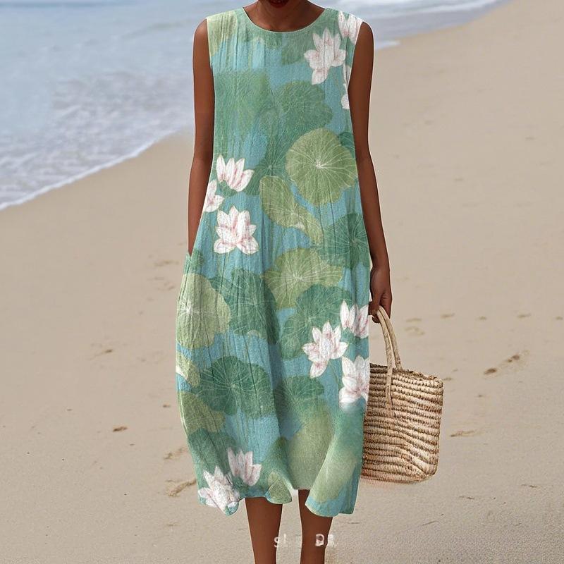 European and American New Summer Flower Ocean Printing European Size Round Neck Sleeveless Long Dress Creative Loose Dress