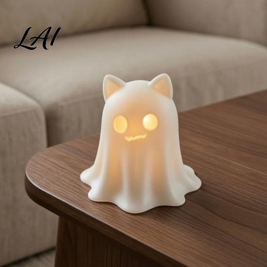 Cute Animal Shaped Night Light 3D Printed Ghost Cat Candle Holder Spooky Figurine Small Halloween Party Prop with Warm for Tabletop Home Decoration