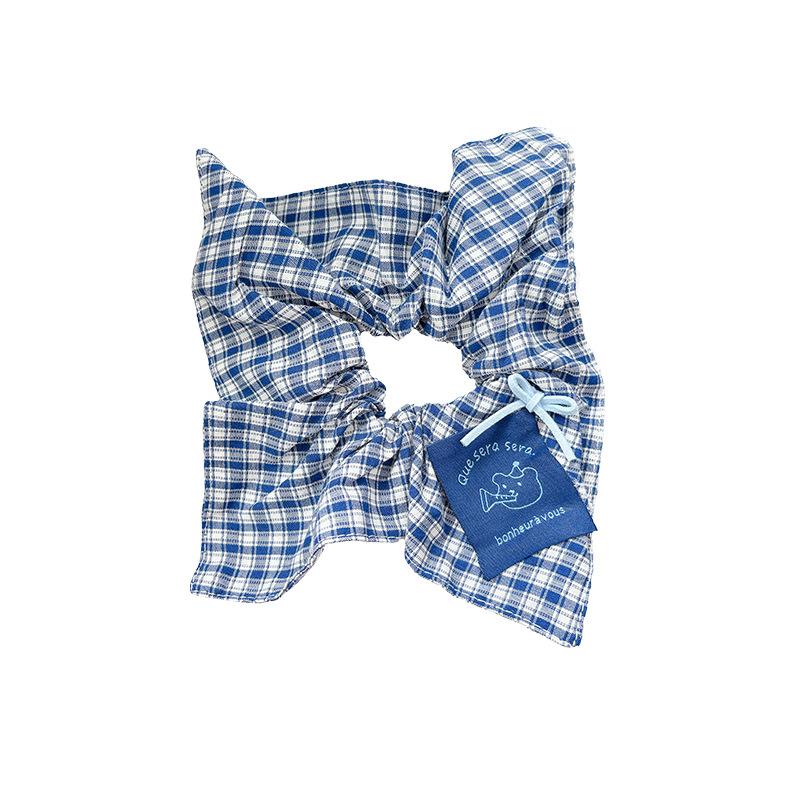 Retro style small fresh blue plaid square scarf hair band female cute bear ribbon bow fabric hair accessories