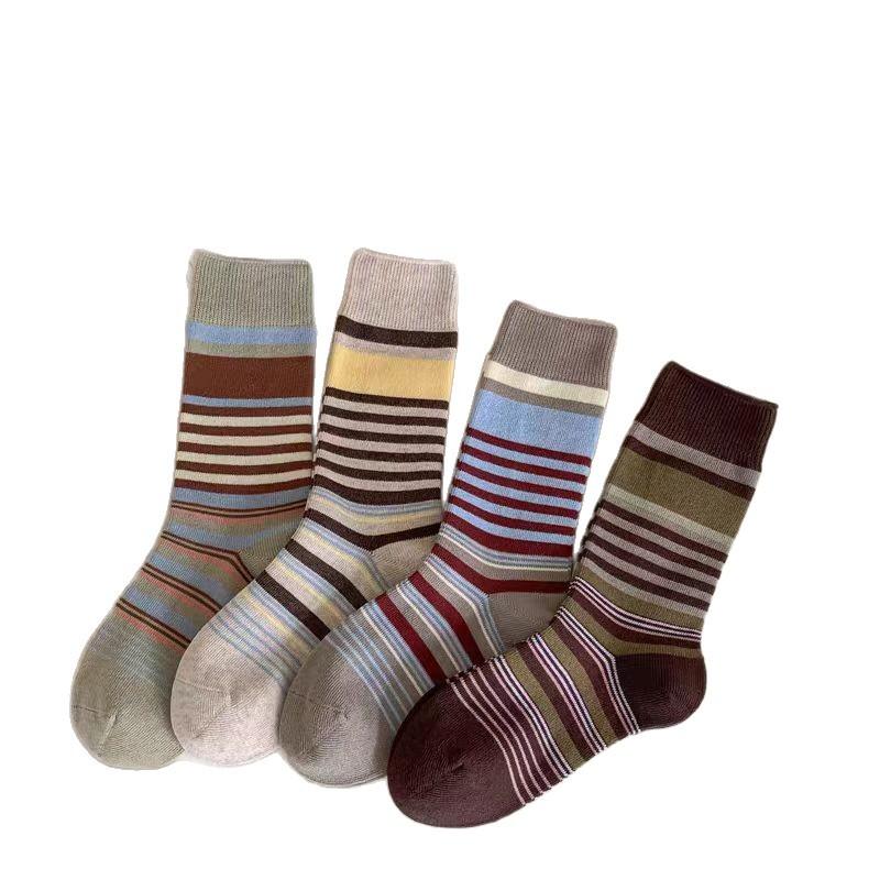 Socks, Vintage Socks, Color-blocking Striped Mid-calf Socks for Women, Breathable Autumn and Winter Pile Socks