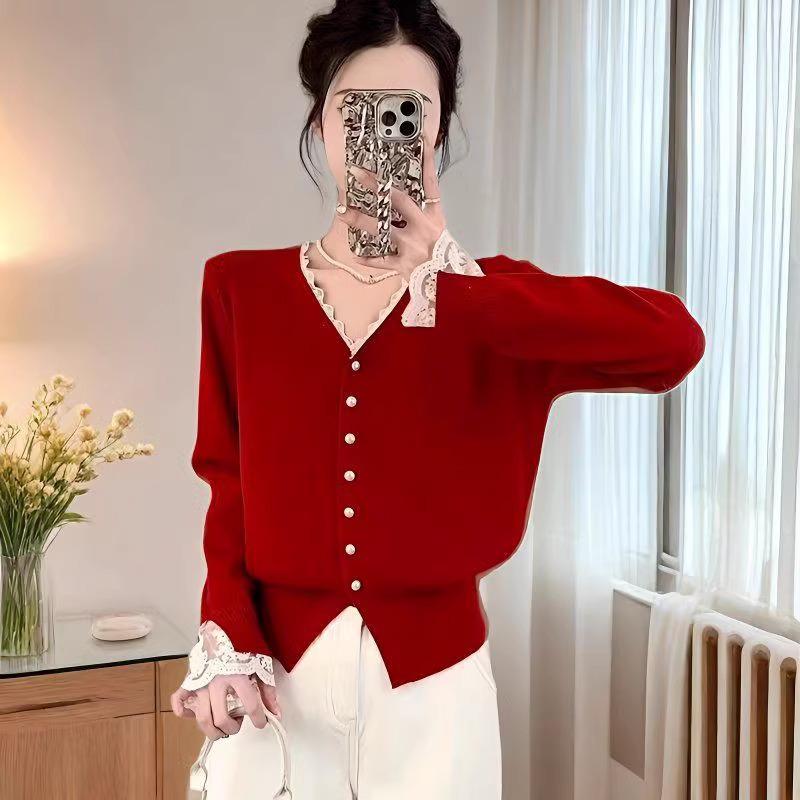 Cardigan Tricoté à Col V en Dentelle Patchwork Coréen pour Femme: Nouvelle Coupe Ample pour Automne/Hiver 2025 - Pull Manteau Polyvalent à Porter en Dessous