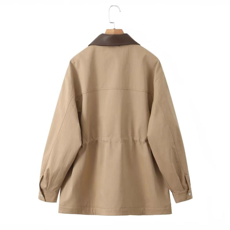 Giacca a vento da donna a lunghezza media, con colletto a revers, vita larga, stile utility, funzionale