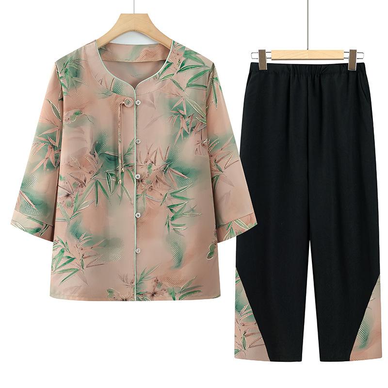 Summer Clothing for The Elderly Short-sleeved Fashionable Ladies' Traditional Chinese Style Suit Two-piece Suit
