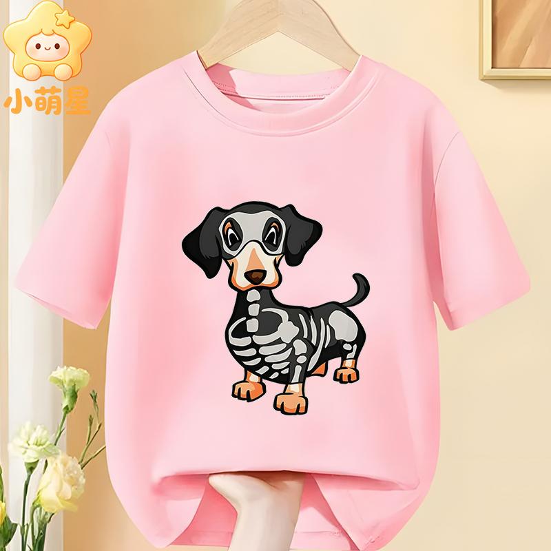 Halloween Skelett Dackel Kürbisdruck Kinder T-Shirt Reine Baumwolle Jungen Mädchen Kurzarm Rundhals Lässig Grafik Kinder Oberteile