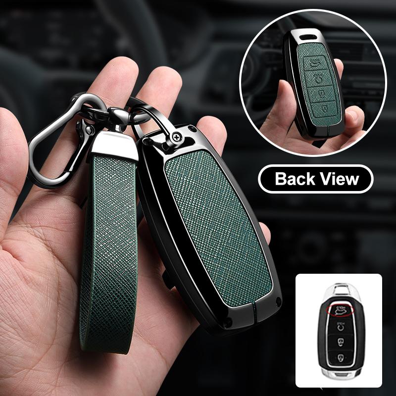 Zinc Alloy Leather Car Key Fob Case For Hyundai I30 Ix35 Kona Encino Solaris Azera Grandeur Ig Accent Santa Fe Palisade Keychain