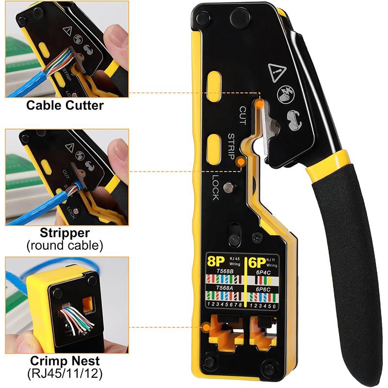 RJ45 Crimp Tool Kit Pass Through Cat6 Crimping Tool For Cat5 Cat5e Cat6 8P8C Connector, All-in-one Ethernet Crimper