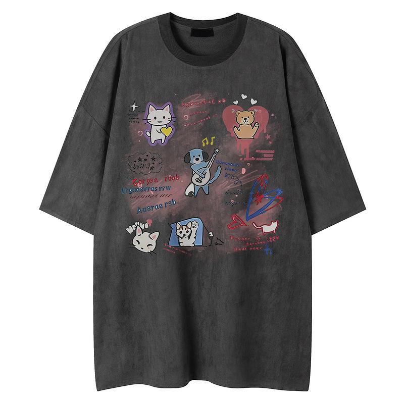 Short-sleeved T-shirt light pink cartoon animal graffiti full print, gentle atmosphere loose men's and women's tops suede half-sleeves