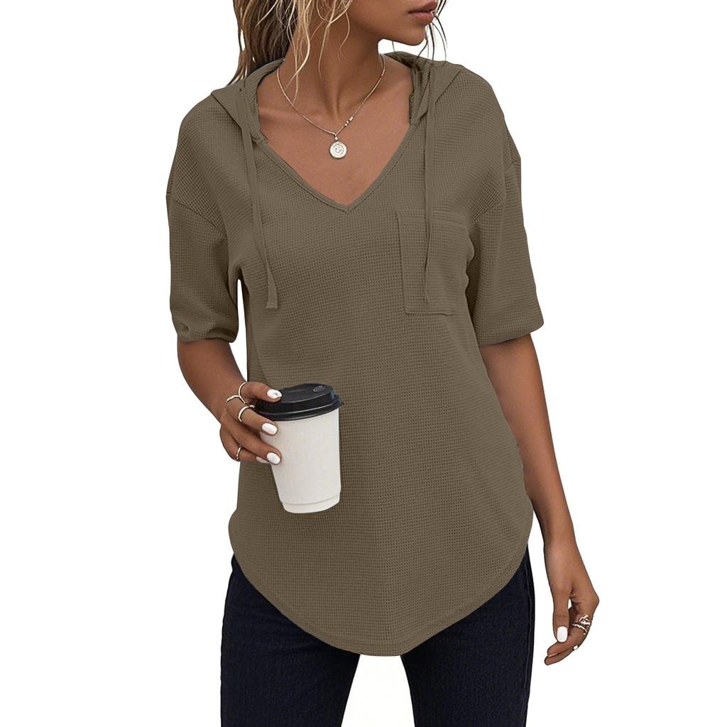 Women's Fashion Summer V-Neck T Shirt Drawstring Hooded Solid Color Short Sleeve Top